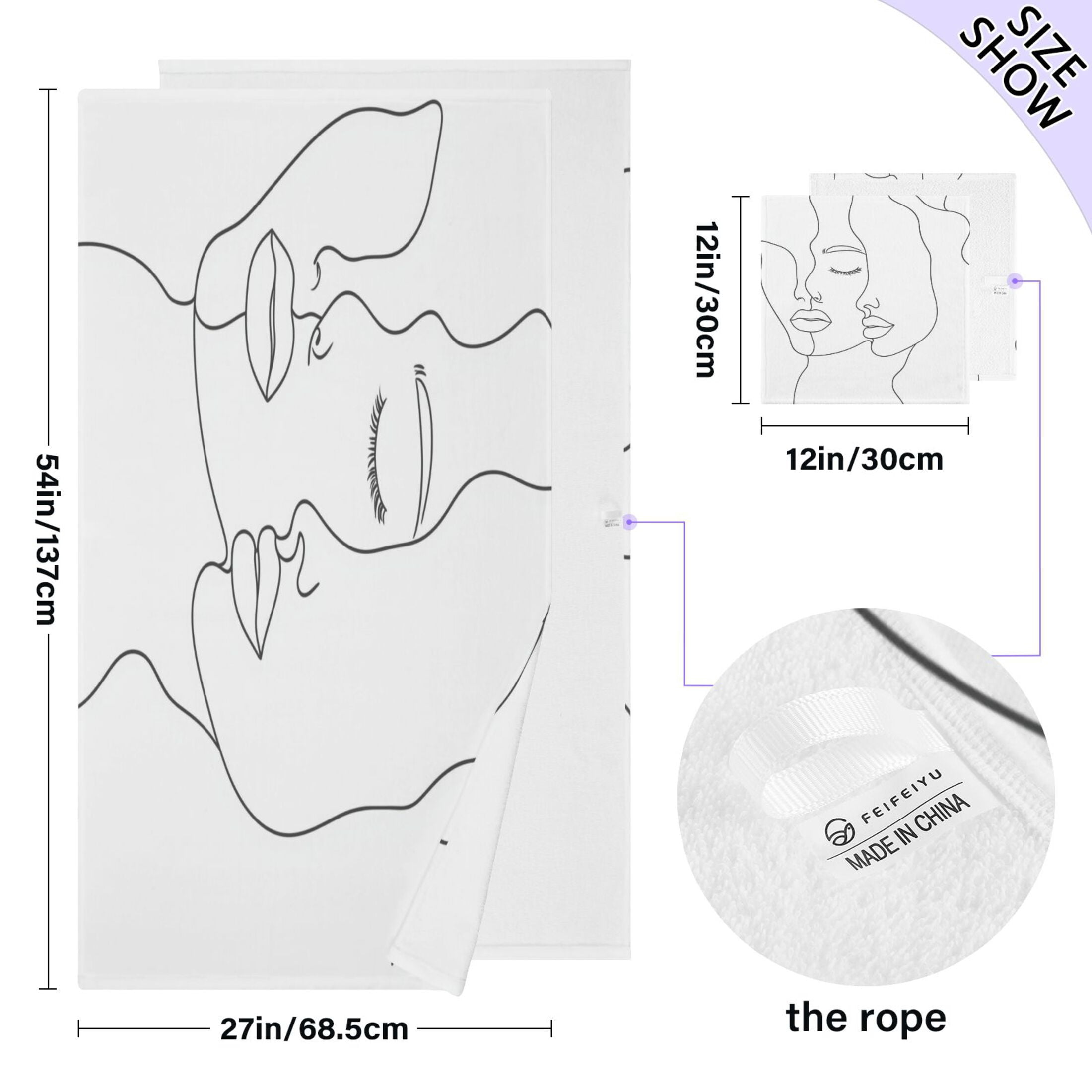 Simple Line Drawing Face 2 Piece Cotton Bath and Face Towel Set Soft and Absorbent, for Beach Pool Bathroom