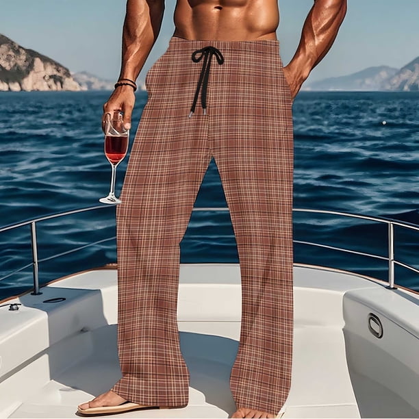 Pantalones de pijama largos para hombre, informales, con estampado a cuadros, holgados, deportivos, elásticos, rectos, vintage, con bolsillos