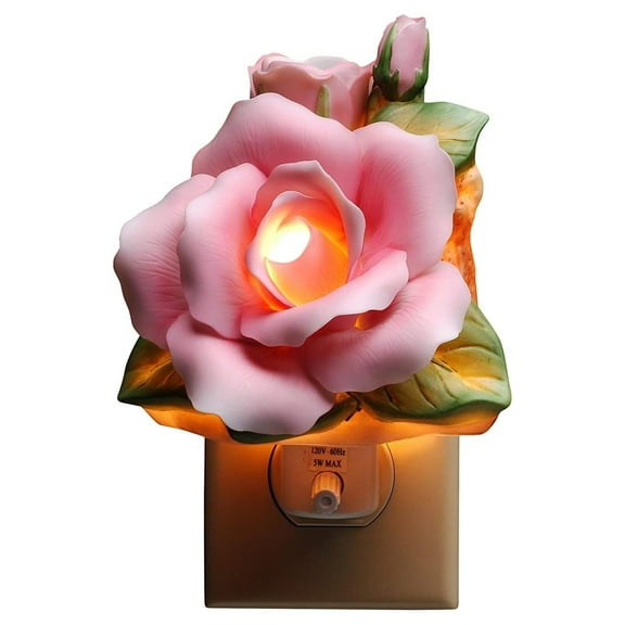 Fine Porcelain Pink Rose Plug-in Night Light Figurine, 5" H