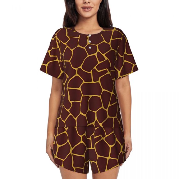 Gold Giraffe Print Spots Pajamas Casual O Neck Home Suit Women 2 Piece Short Sleeve Kawaii Pajamas Set
