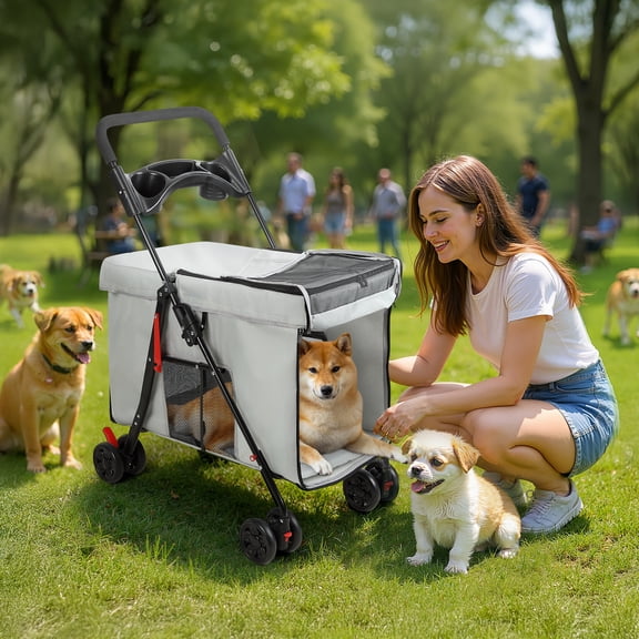 solautey Large Multi-Pet Stroller for Small & Medium Dogs, 4 Wheels Pet Stroller, Foldable Dog & Cat Stroller for All-Season, Dog Stroller with 360-degree Wheels