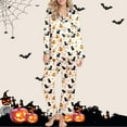 thumbnail image 2 of Halloween Pajamas Women 2 Pcs Silk Satin Soft Sleepwear Outfits Bat Skeleton Printed Button Down Long Sleeve Shirts and Pajama Pants Lounge Sets Womens Sleepwear, 2 of 5