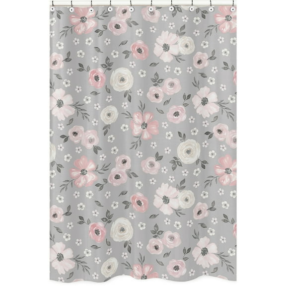 Watercolor Floral Grey Fabric Shower Curtain by Sweet Jojo Designs