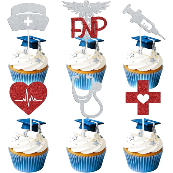 FNP Cupcake Toppers, Glitter Red and Silver, Nursing Graduation Party Decorations, 12 Piece