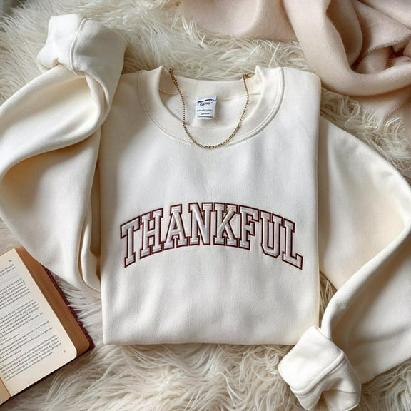 Thankful Embroidered Sweatshirt | Minimalist Fall Gratitude Design | Cozy Neutral Crewneck