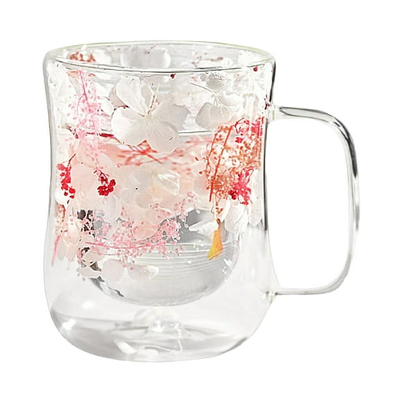 pdqouc Double Walled Glass Coffee Mugs with Handle 300ML Floral Glass for Cappuccino Latte Tea Bag Beverage Glasses Heat Coffee Cups for Home, Office, and Gift Giving