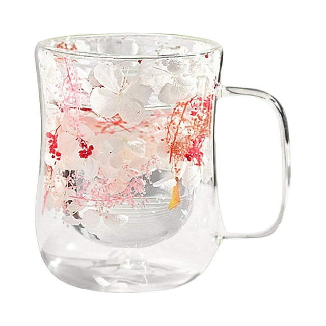 AKEGAMN Tasses à Café en Verre à Double Paroi avec Poignée 300ML Verre Floral Transparent pour Cappuccino Latte Thé Sachet Verres à Boisson Tasses à Café Résistantes à la Chaleur