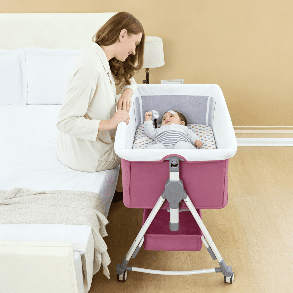 LUOLUO Baby Bassinet with Wheels & Changing Table,  5-in-1 Infant Bedside Crib for 0-24 Months,Adjustable Height, Breathable Mesh & Mattress, Pink