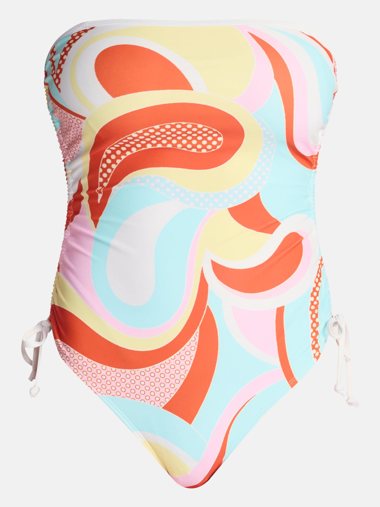 No Boundaries Groovy Printed Bandeau One Piece Swimsuit with Side Cinch, Women’s XXS-XXL