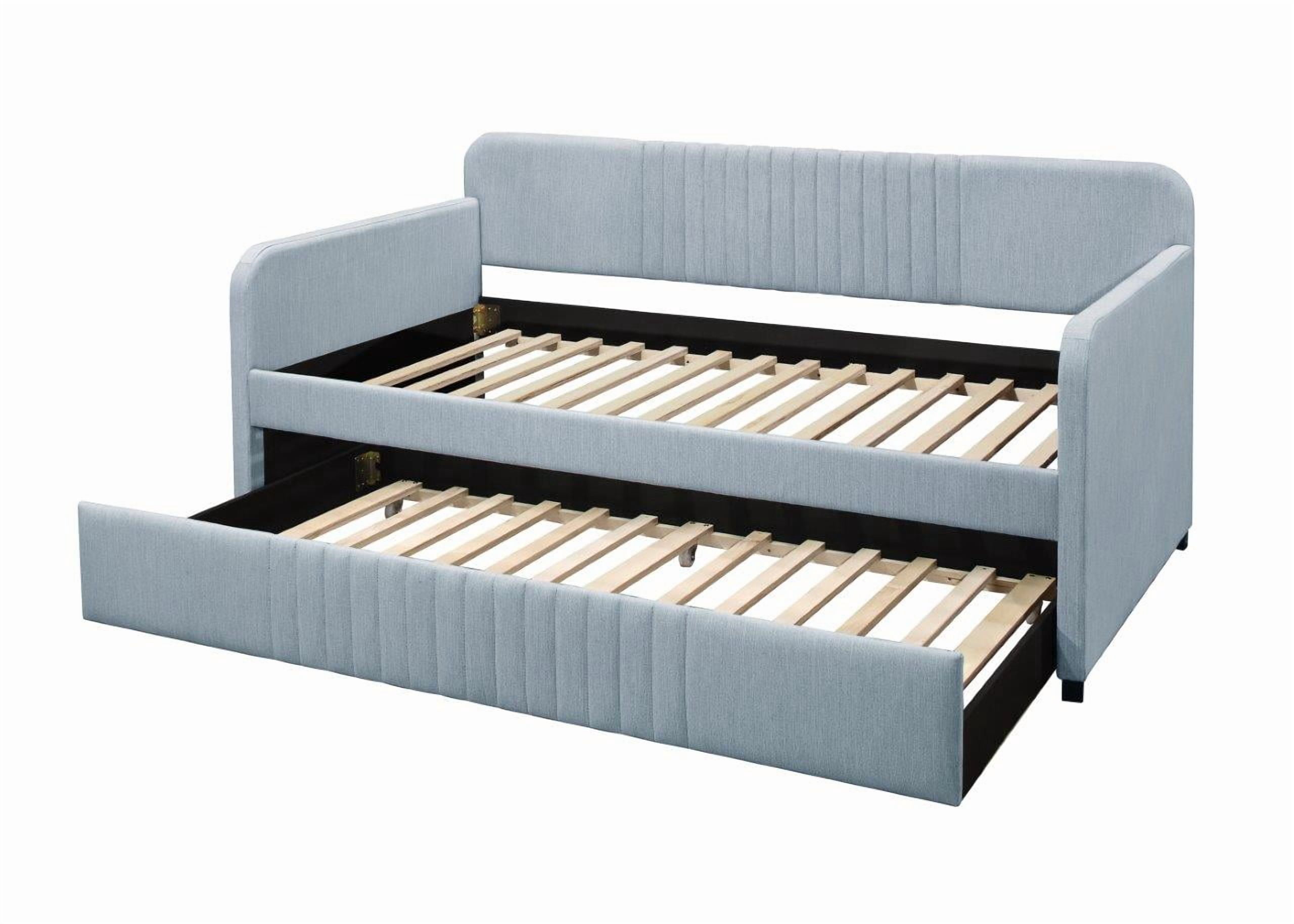 Home Design Amelia Twin Daybed with Linen Upholstery and Pull-Out Trundle, Track Arms, Rounded Backrest with Vertical Channel Tufting, Light Blue