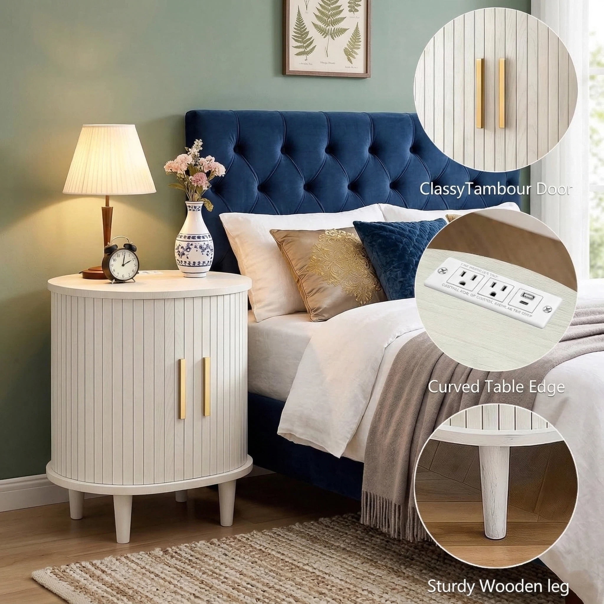Aisword Nightstand with Charging Station, Fluted Accent Side Table with Sliding Door and Adjustable Shelf, End Table for Small Space, White