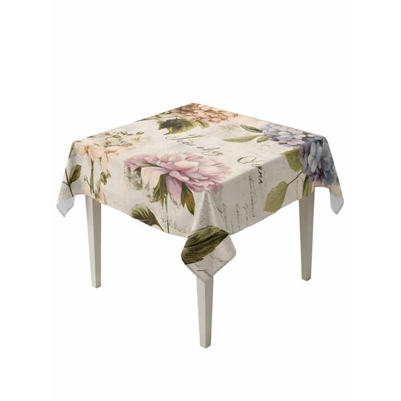 Spring Hydrangea Floral Table Cloth, Vintage Botanical Flowers Waterproof Tablecloth for Square Tables, Reusable Washable Fabric Table Cover for Restaurant Kitchen Dining Tables 60"x60"