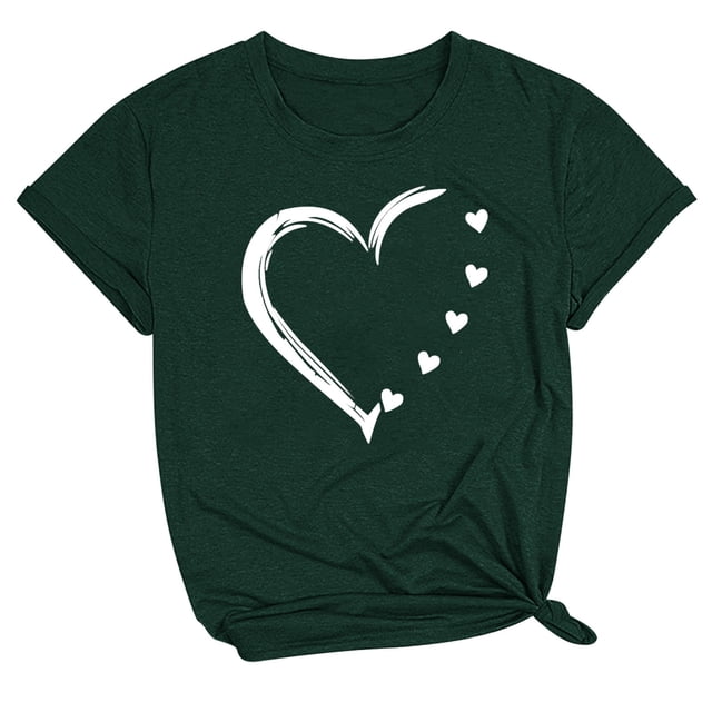 Bowake T-Shirt de la Saint-Valentin pour Femmes T-Shirt Mignon Imprimé Cœur Manches Courtes Col Rond Graphique Vert Armée