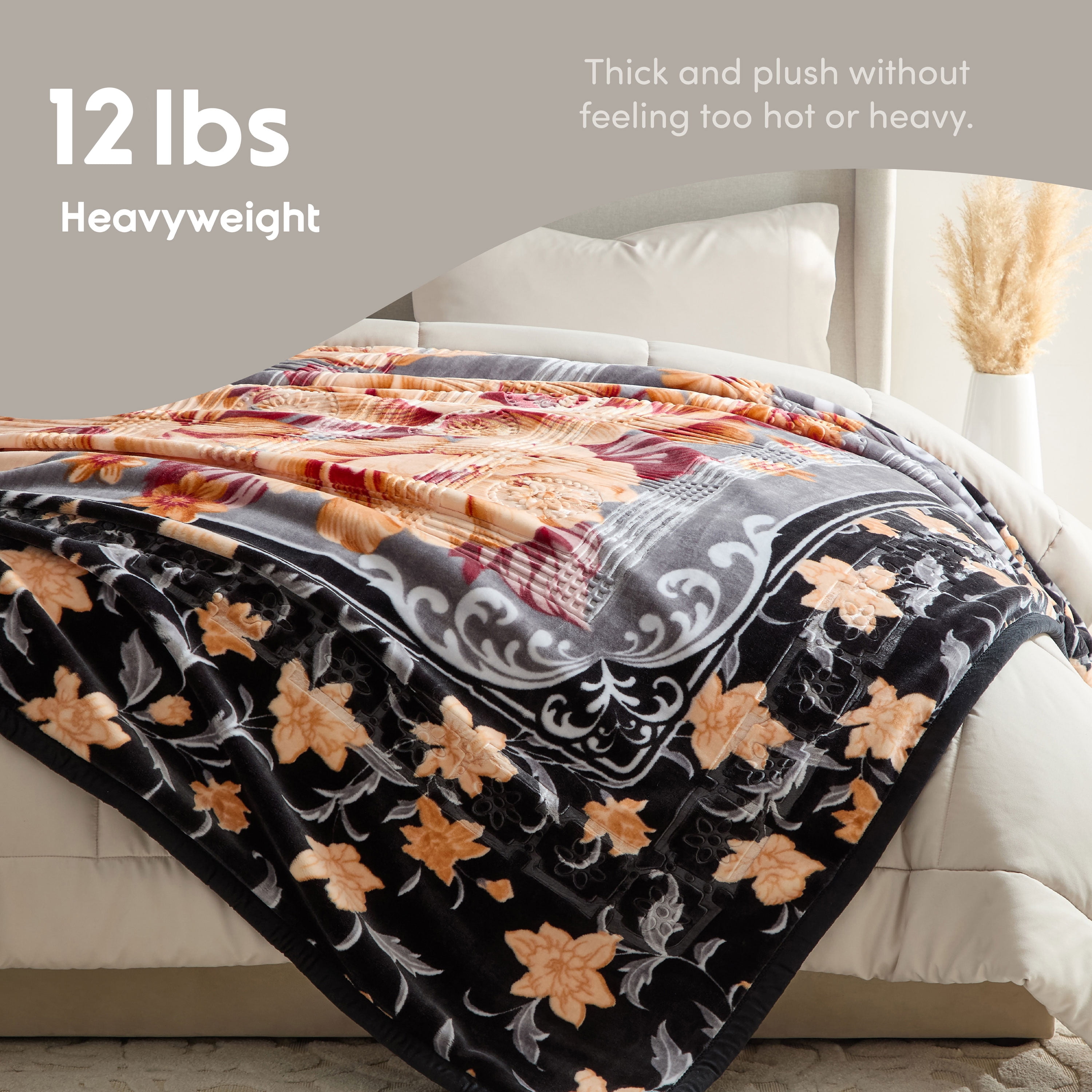 Lammaloe King Size Korean Mink Blanket for Winter, 12 lbs, 87" x 94", Heavy 2-Ply Warm Heavyweight Raschel Bed Blankets, Reversible Printed, Black & Gray