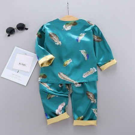 

BIG SAVE!Spring Autumn Baby Little Kids Girls Boys Cartoon Feather Print Fashion Cute Sleepwear Set Long Sleeve Blouse Tops+Pants Pajamas Birthday Best Gift