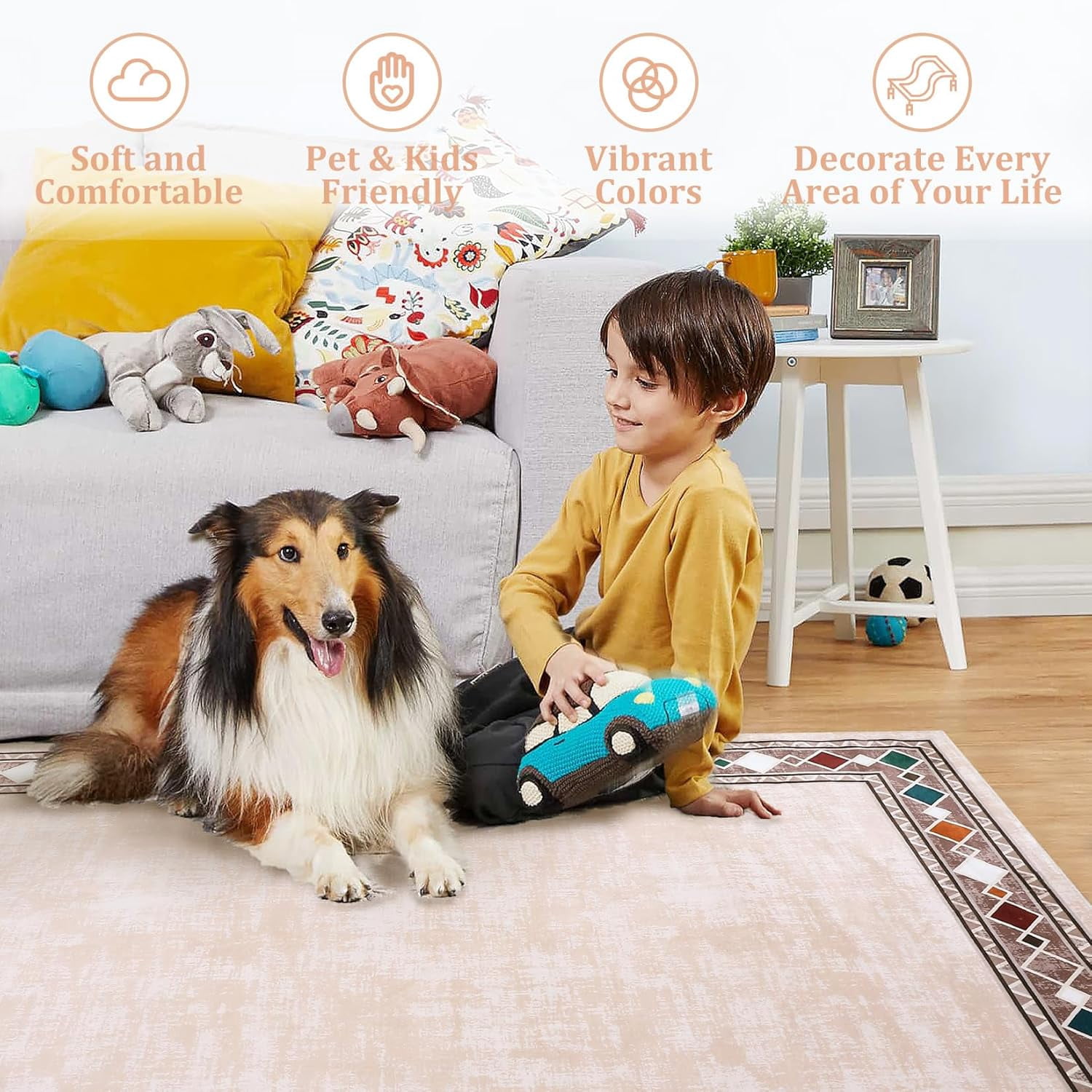 Living Room Rug 8x10 Washable Rugs Soft Bedroom Rug Farmhouse Large Area Rug Non Slip Throw Rugs Vintage Low Pile Non Shedding Stain Resistant Carpet for Dining Room Classroom 8'x10' Beige