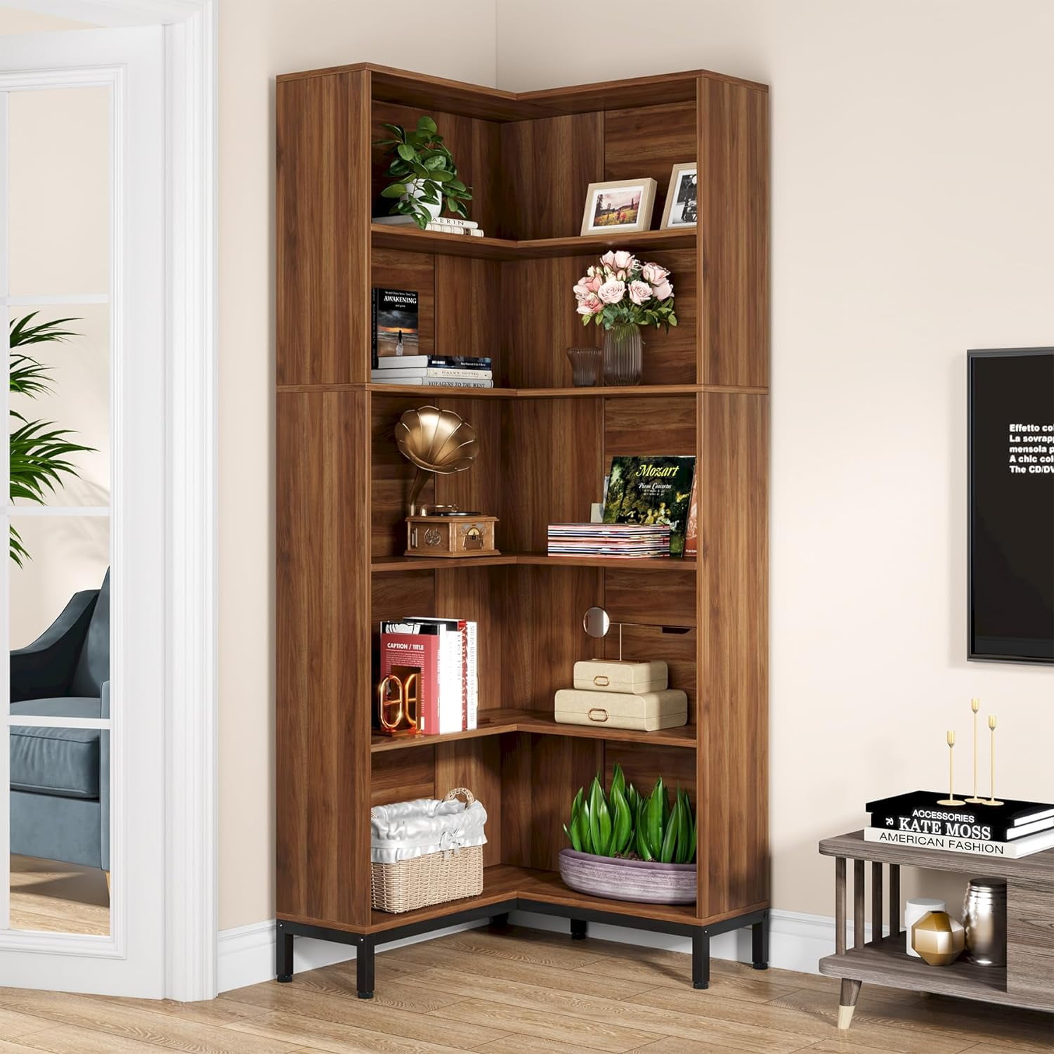 Wooden Book Shelf 6 Tier Corner Bookshelf, 64.9 Inch Tall