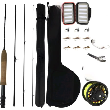 Standard Fly Fishing Combo Starter Kit 5 Foot 6 Inch Graphite Rod 3-Weight 4-Piece Fly Rod Kit Includes Die Cast Aluminum Reel Fly Box Flies and Hard Tube Case with Pouch