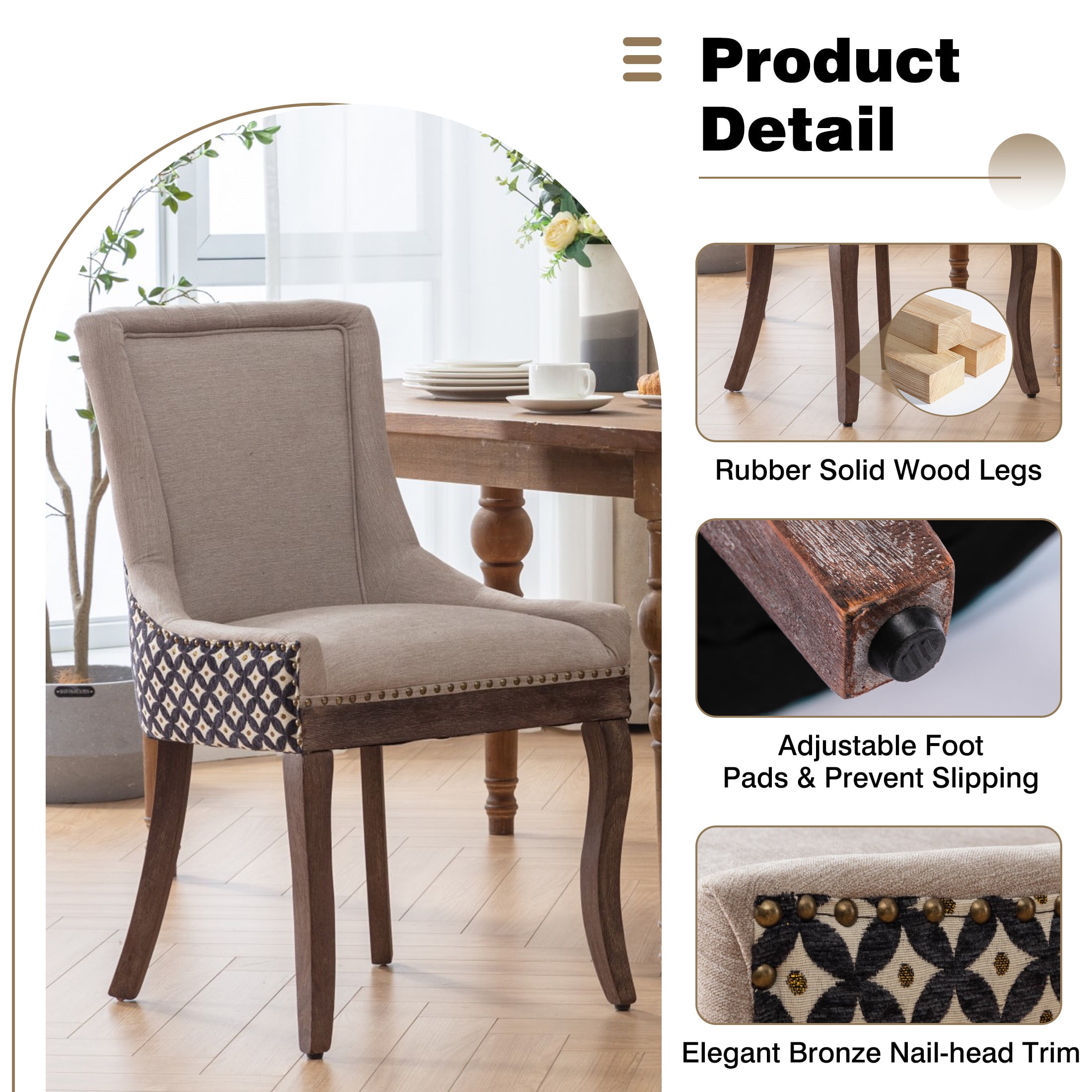 Dining Chairs Set of 2, LEGAHOME Beige Fabric Upholstered Dining Chairs, Mid-century Kitchen Chairs with High Back, Bronze Nail Head, Solid Wood Legs, Beige, 2 Pcs