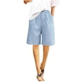 thumbnail image 5 of Yourumao Womens Linen Shorts Striped Elastic Waist Bermuda Shorts Breathable Comfy Wide Leg Pants for Beach Leisurewear with Pocket, 5 of 9
