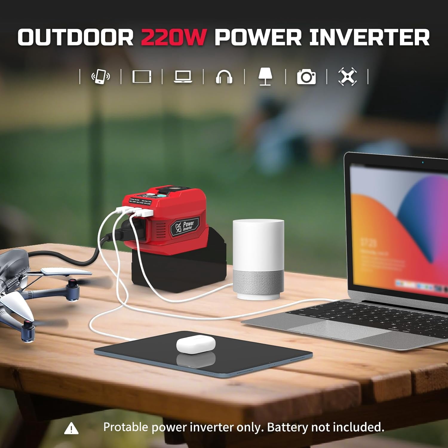 Kzreect 220W Power Inverter Compatible with  Milwaukee  18V Battery, 110V 220W Output, 2 USB-A & 400 LM LED for Car, Camping & Emergency Use