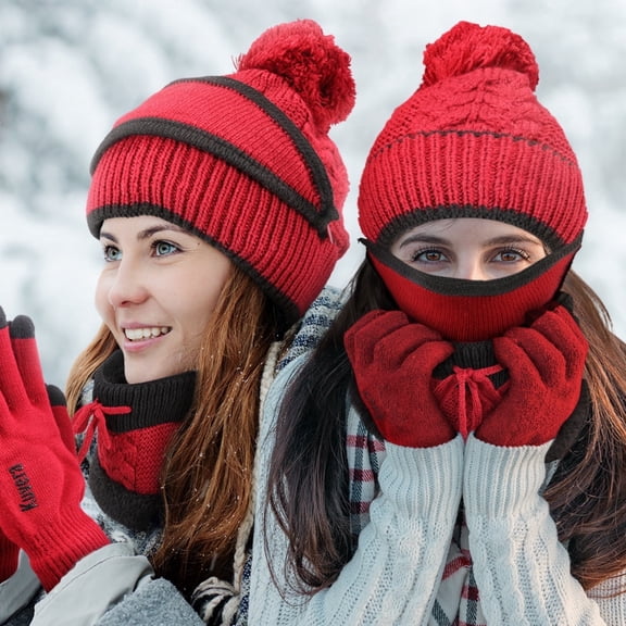 BFVV 4-in-1 Winter Beanie Hat, Scarf, Touchscreen Gloves, and Face Mask Set for Women