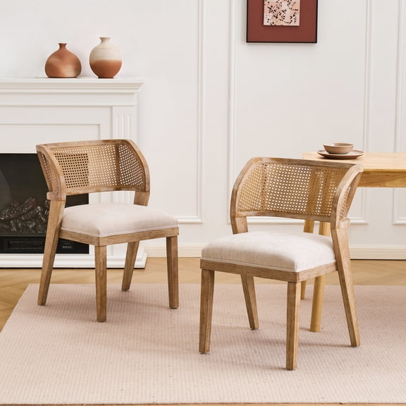 Christopher Knight Home Vintage Rattan Back Dining Chairs Set of 2, Natural Rubberwood Frame, Beige Seat