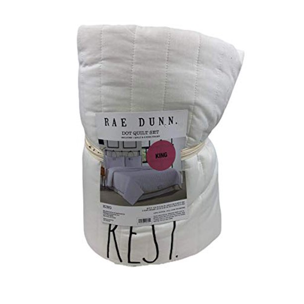 Rae Dunn King Size 3 Piece Quilt Set Off White Bedding and King Size Pillow Shams with Rest Well