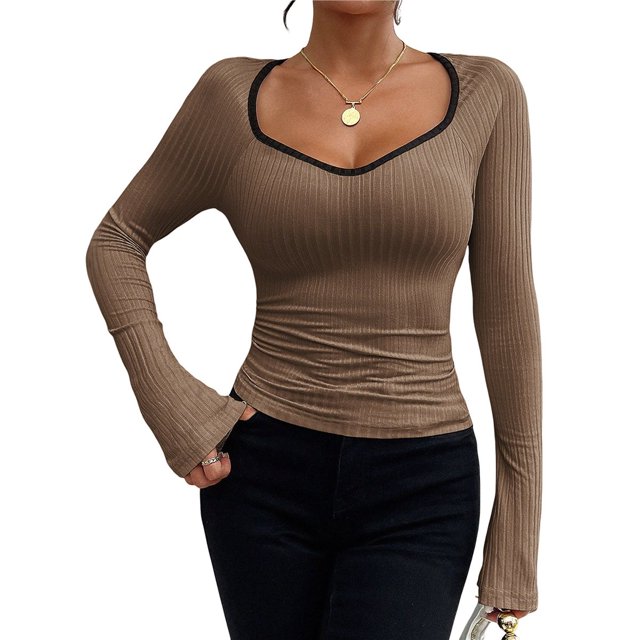 Camiseta de Larga con Cuello Redondo Estilo Y2K para Mujer, de Color Liso, Ideal para , Otoño e Invierno. para un Look Casual de Negocios. Marrón L