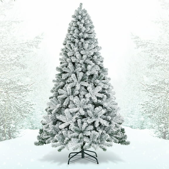 Topbuy 7.5'Hinged Artificial Christmas Tree Unlit w/ Metal Stand Premium Snow Flocked