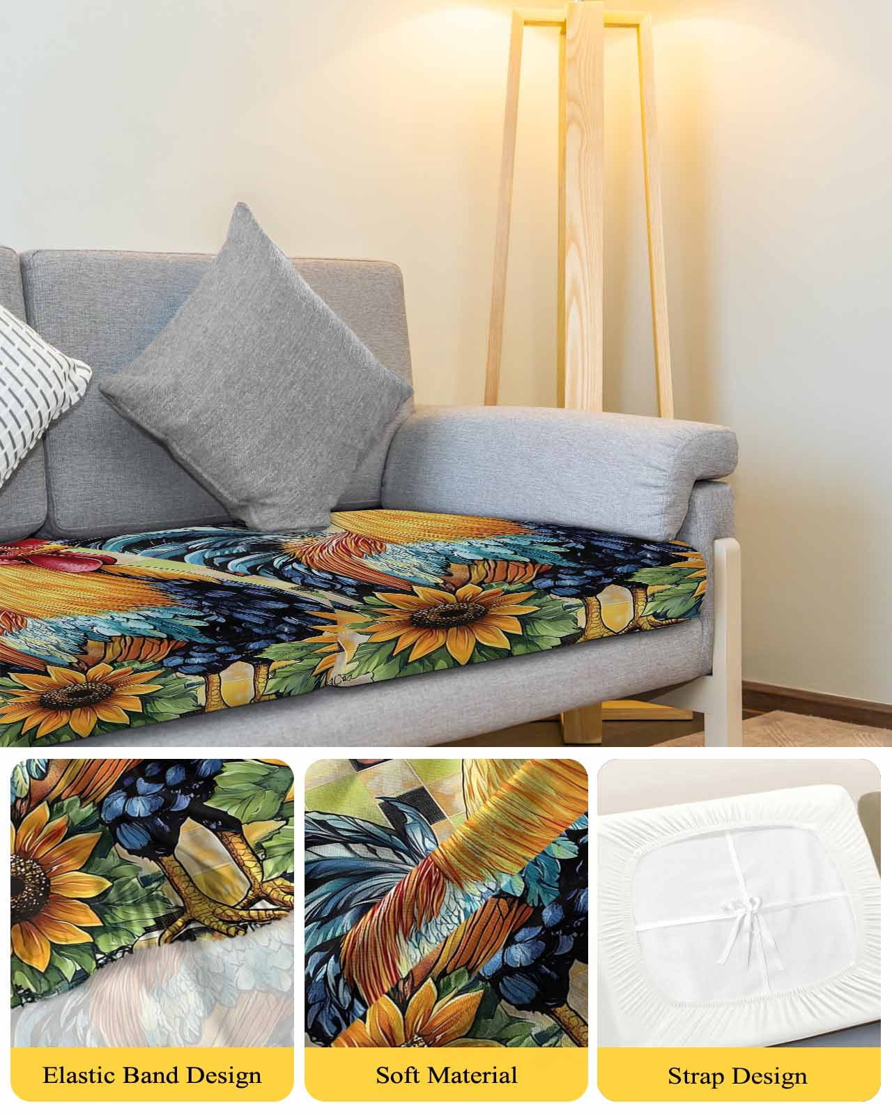 Retro Rooster Sofa Couch Cushion Covers Washable, Removable Stretchable Sectional Couch Covers, Yellow Sunflower Watercolor Animals Plaid Slipcovers for L & T Shape Sofa Protector S Size 1 pc