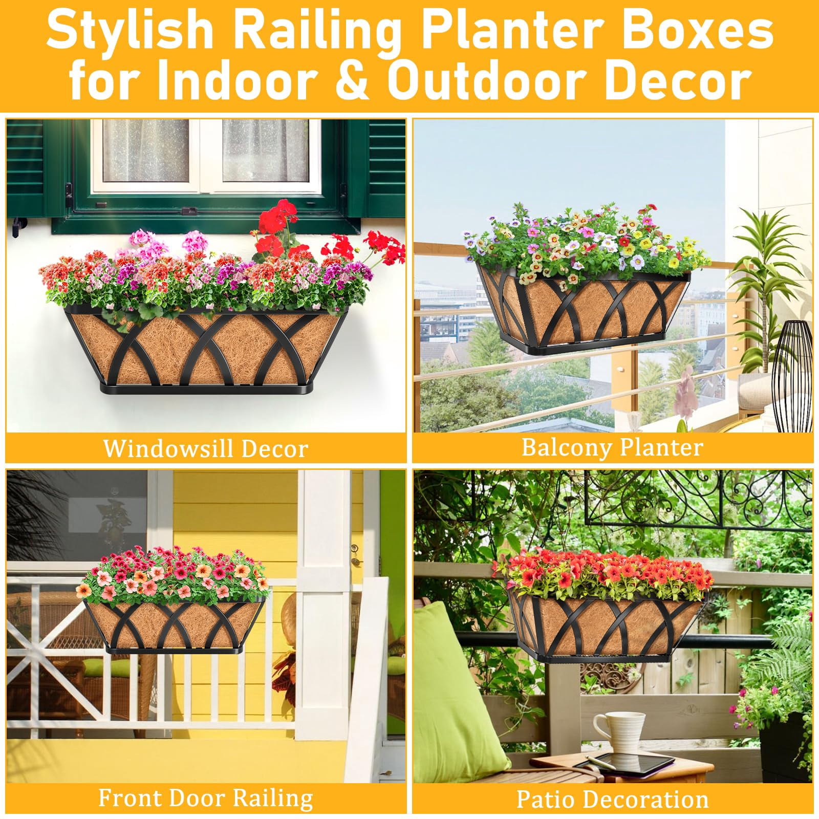 4 16inch Metal Railing Window Box Planter with Coco Liner