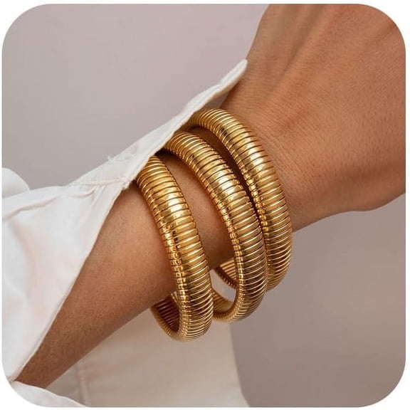 Gold Bangles for Women Set of 3 Chunky Stretch Bangles Bracelets 24K Gold Plated Stainless Steel Bracelets Flexible Wide Stack Bracelets Designer Look Alike Jewelry for Women