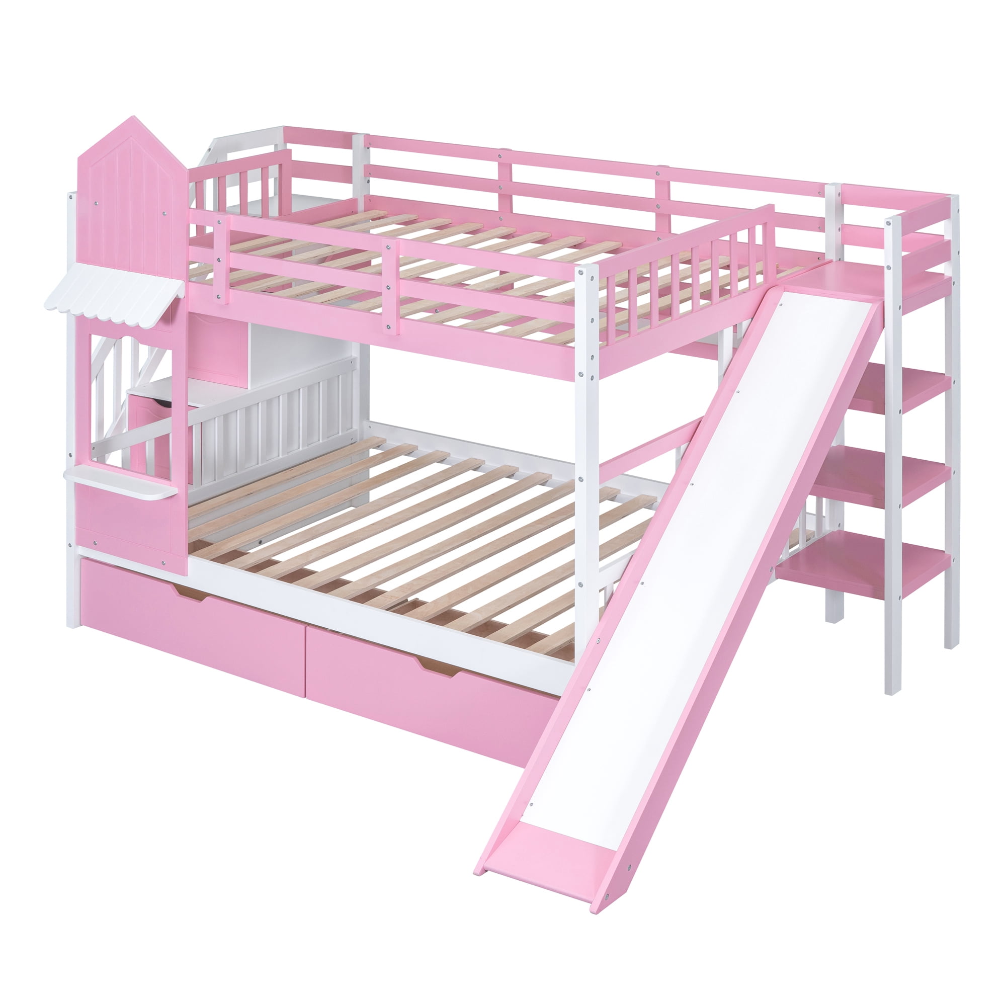 Full over Full Bunk Bed for Kids, Castle Style Bunk Beds with 2 Drawers, Slide and Storage Shelves, Solid Wood Bunk Bed Frame for Kids Girls Boys Teens