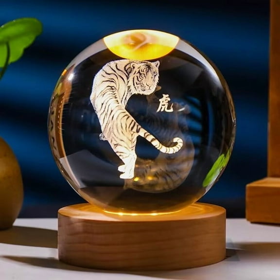 3.14in 3D Tiger Crystal Ball Engraved with WoodenBase, Figurines Gift for Men Women Glass Decor Ball for Home Decor