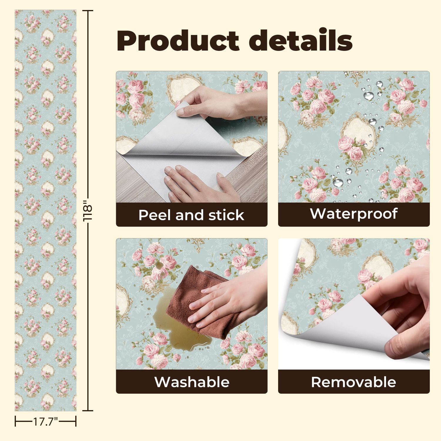 Peel and Stick Wallpaper Vintage Floral Pink Roses Soft Blue Wall Mural 17.7in x 9.8ft Self Adhesive Removable Wall Paper Renter Friendly Wallpaper for Bedroom