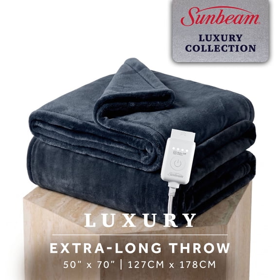 Sunbeam Heated Electric Luxe Plush Throw Blanket, Luxury Collection, Dark Navy, 4 Heat Settings, 50 x 70 in