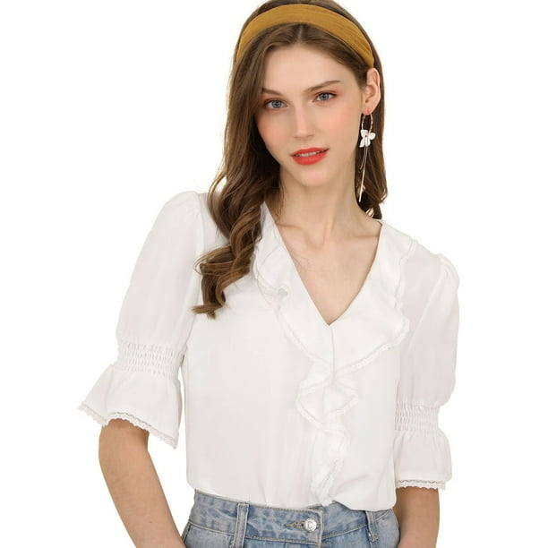 Blusa Allegra K Cuello V Volantes Blanco S