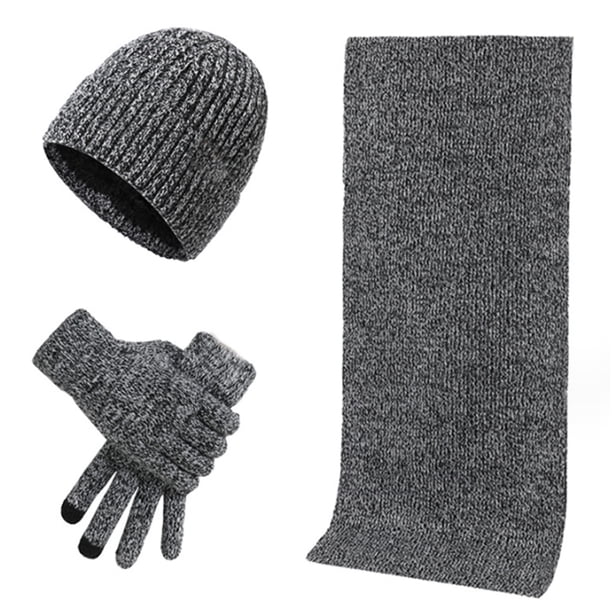 Gorro de punto cálido de invierno+bufanda larga+guantes con pantalla táctil conjunto con forro de punto para hombres