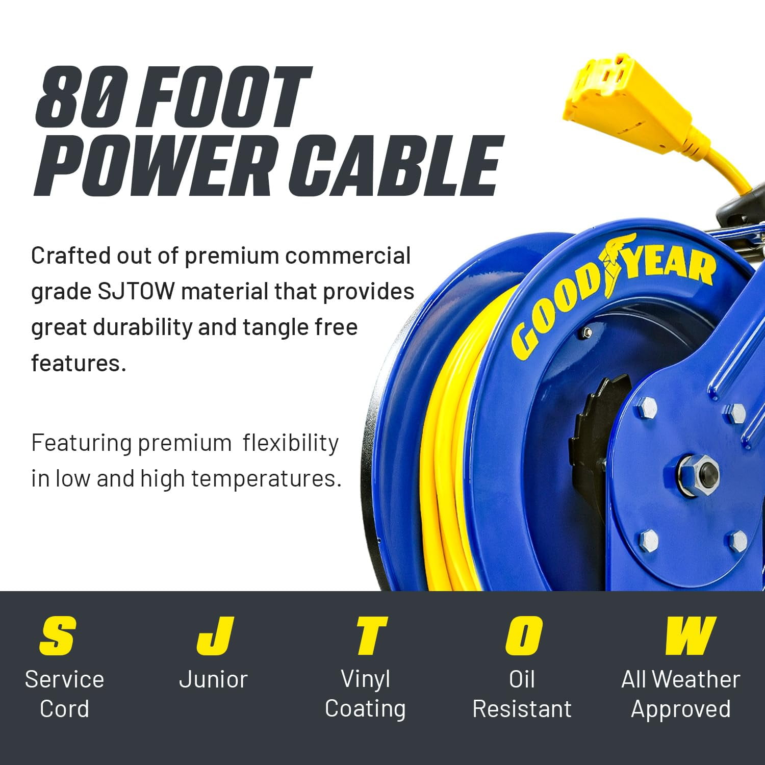 Goodyear Extension Cord Reel Retractable 12AWG x 80' Feet 3C SJTOW Cable Triple Tap Connector Power Rating 125 Volt AC 13 Amp 1625 Watt Industrial Steel Single Arm