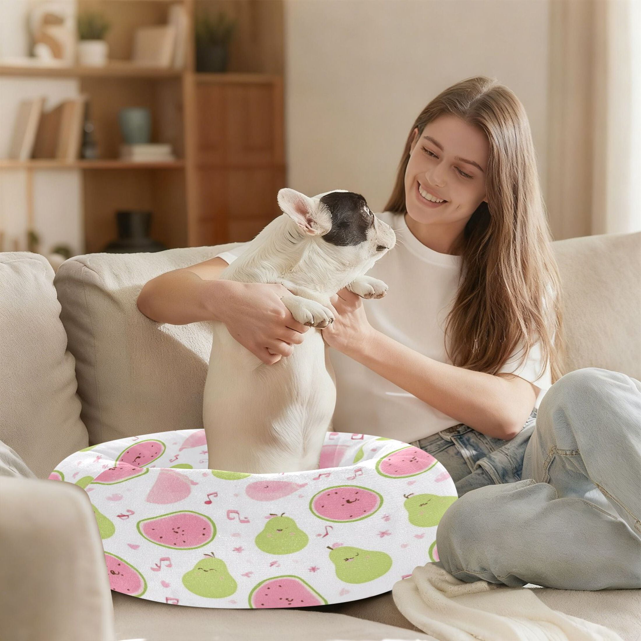 Iauyy Pet Couch Donut Cat Bed for Indoor Cats/Small Dogs Washable & Machine with Non-slip Bottom Calming Cat Furniture, Green Pear Pattern (M)