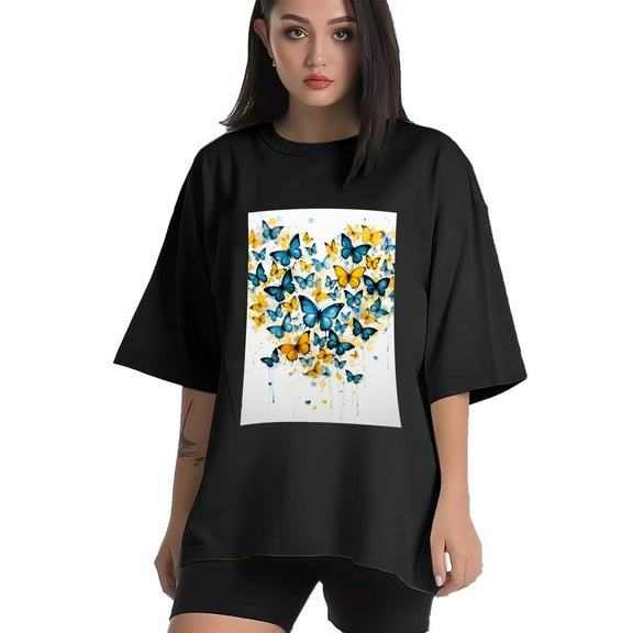 Plus Size Shirt for Women Black Tops for Women Short Sleeves Shirt for Women Little Hearts, With Yellow Butterflies3 T Shirt Crewneck Shirt for Women XS