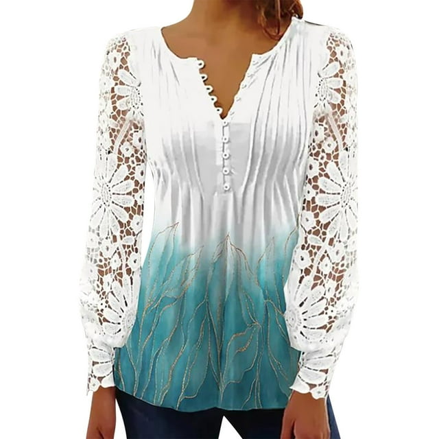 Birdeem Womens Summer Round-Neck Printed Casual Hallow Out Long Sleeve Button Blouse Tops