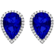 Platinum-Plated Sterling Silver Teardrop-Cut Blue Obsidian Pave CZ Earrings
