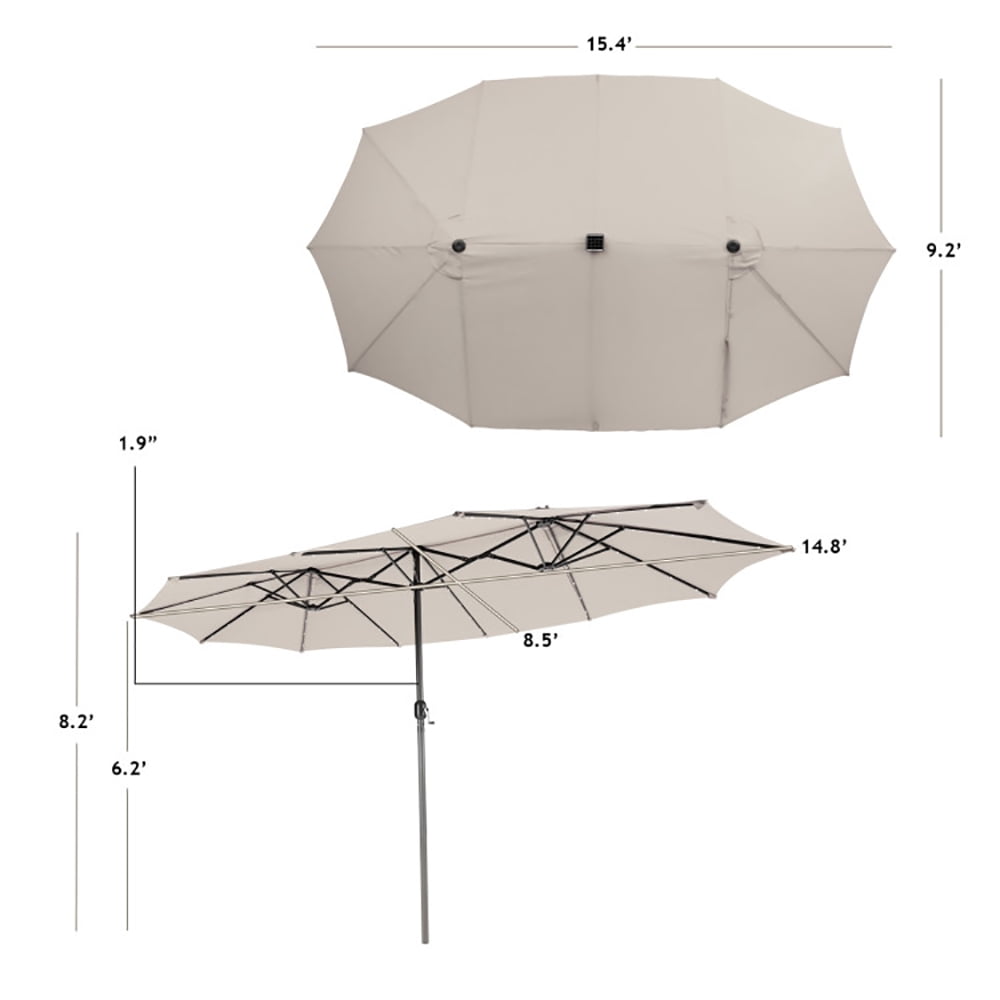 Aimee Lii 15 Feet Twin Patio Umbrella with 48 Solar LED Lights, Outdoor Umbrellas for Patio, Beige