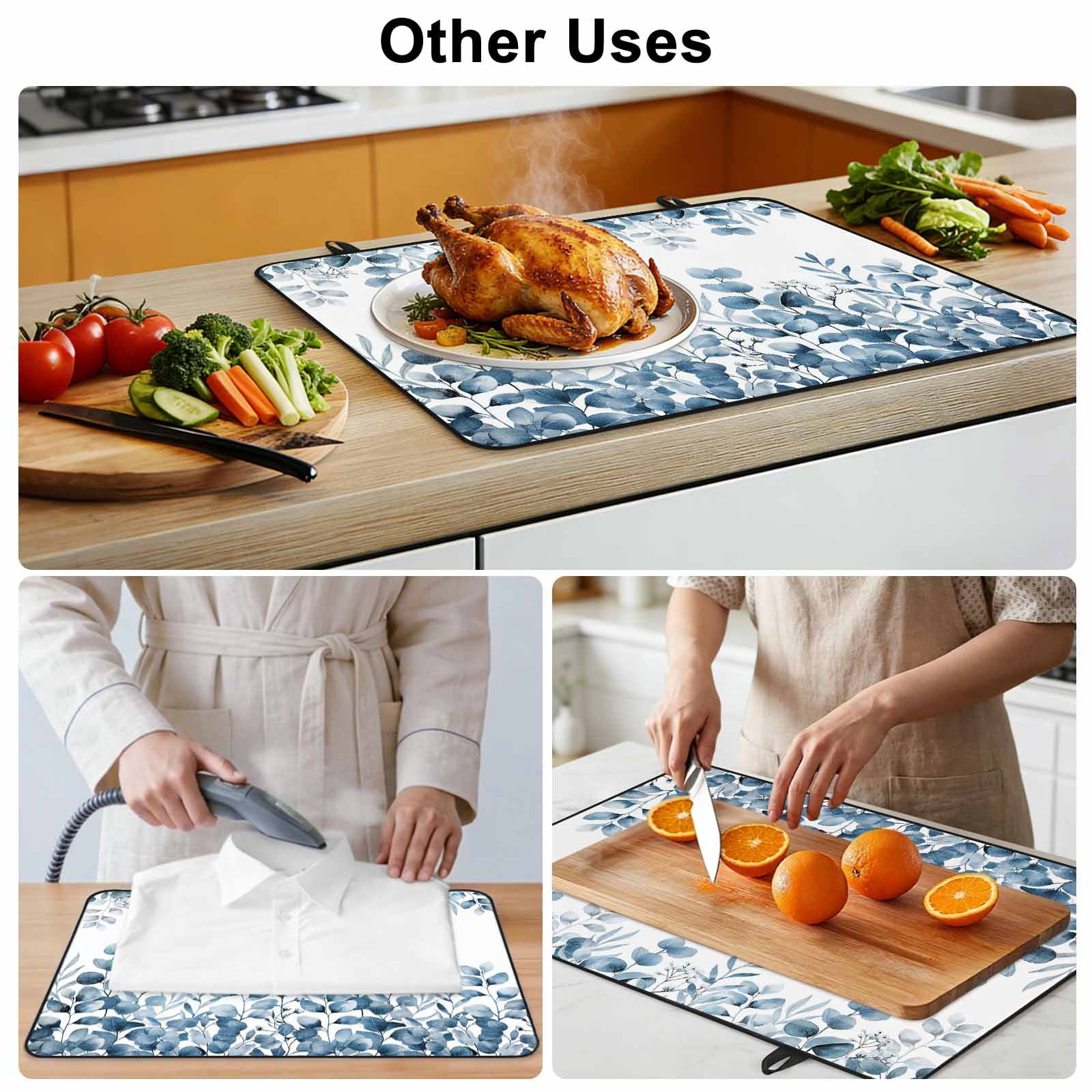 Blue Eucalyptus Leaves Stove Top Cover for Electric Stove, Heat-proof & Non Slip Glass Top Stove Cover Protector, Watercolor Spring Summer Botanical Kitchen Flat Cooktop Rubber Mat 24x21 Inches