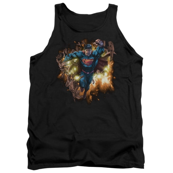 Superman Blasting Through Adult Tank Top Black