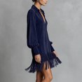 thumbnail image 4 of BLTIBY Womens Suede Mini Dress Spring Long Puff Sleeve Deep V Neck Lapel Fringe Hem Loose Dresses Retro Western Party Casual Dress Navy L, 4 of 7