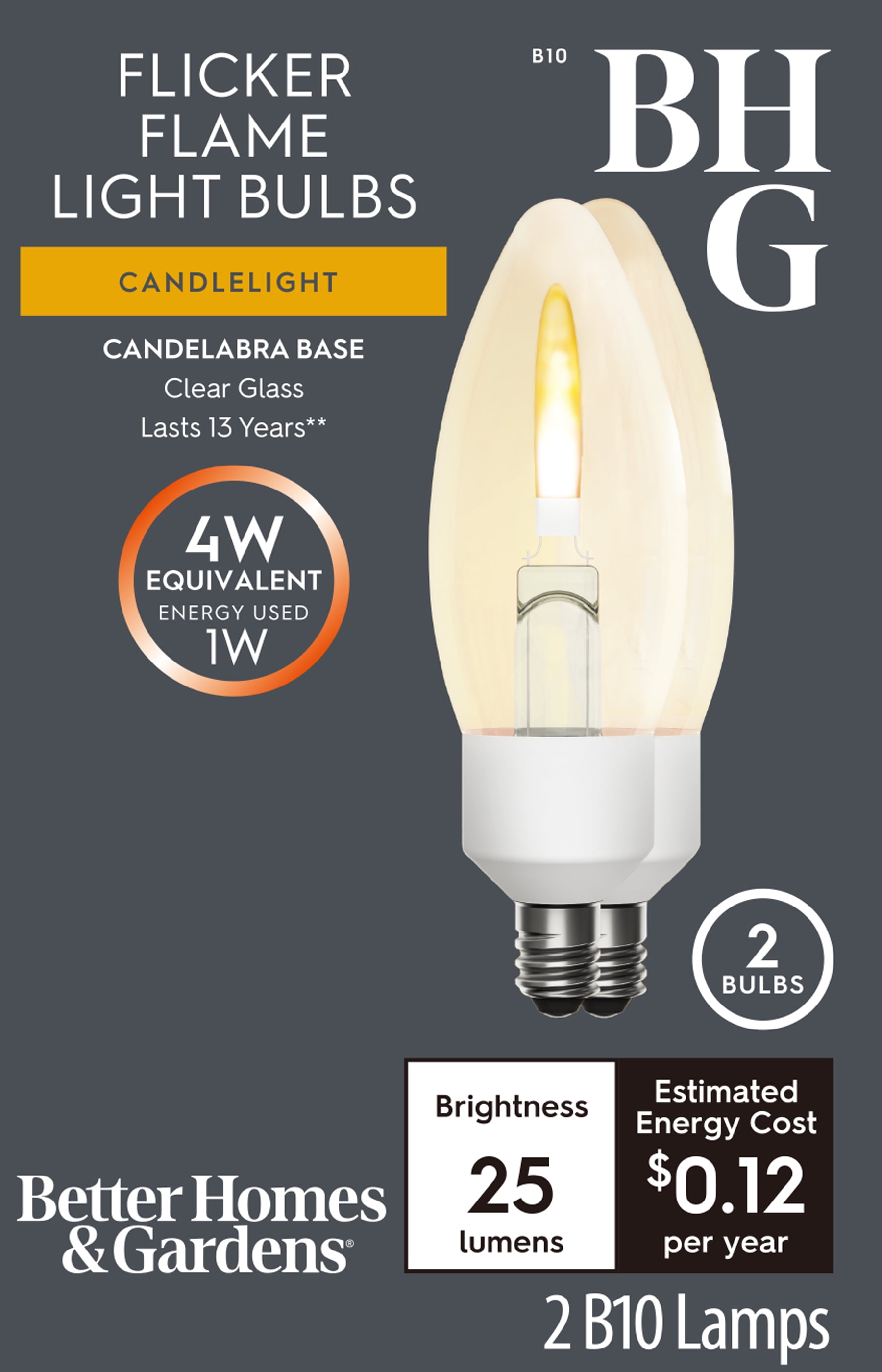 (2 pack) Better Homes & Gardens B10 Decorative LED Flicker Flame Light Bulb, E12 Candelabra Base (2 Pack)