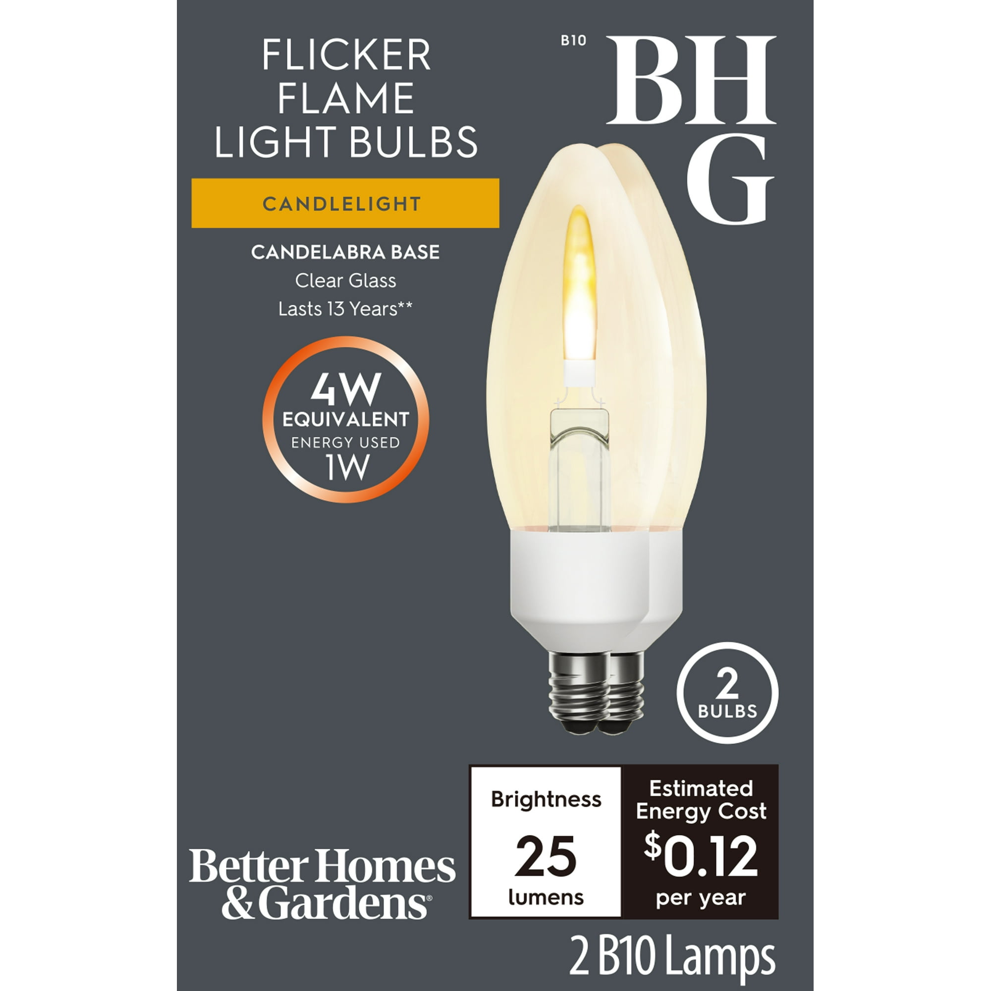 Better Homes & Gardens B10 Decorative LED Flicker Flame Light Bulb, E12 Candelabra Base, 2 Pack